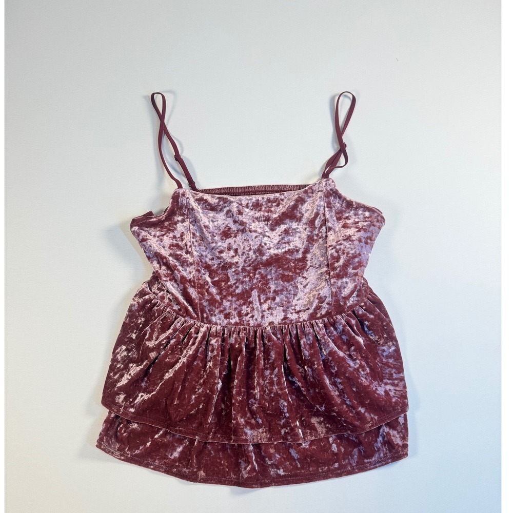 American Eagle Crushed Velvet Peplum Cami Top Burgundy Rose Smocked Back Medium‎